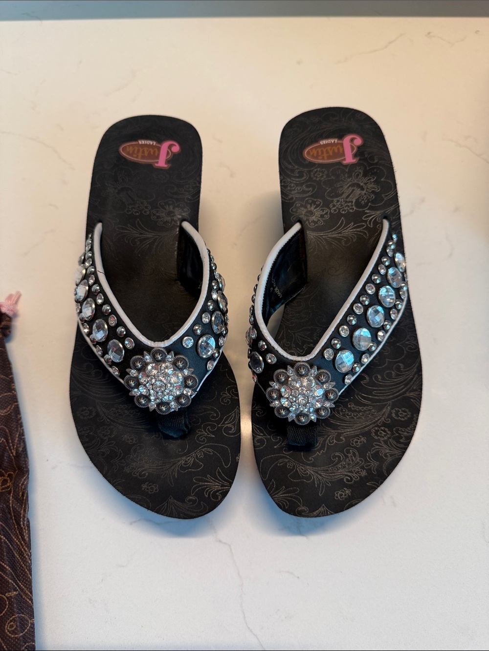 Justin Boots Black Jeweled Flip Flop Sandals